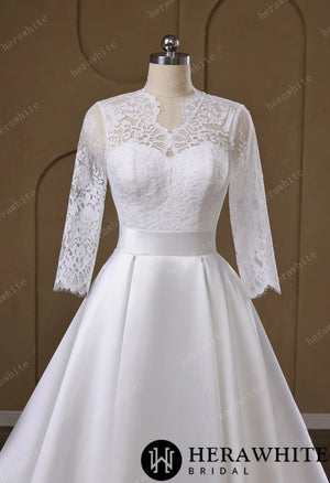 Lace & Satin Ball Gown With Illusion ¾-Length Sleeves HW3754