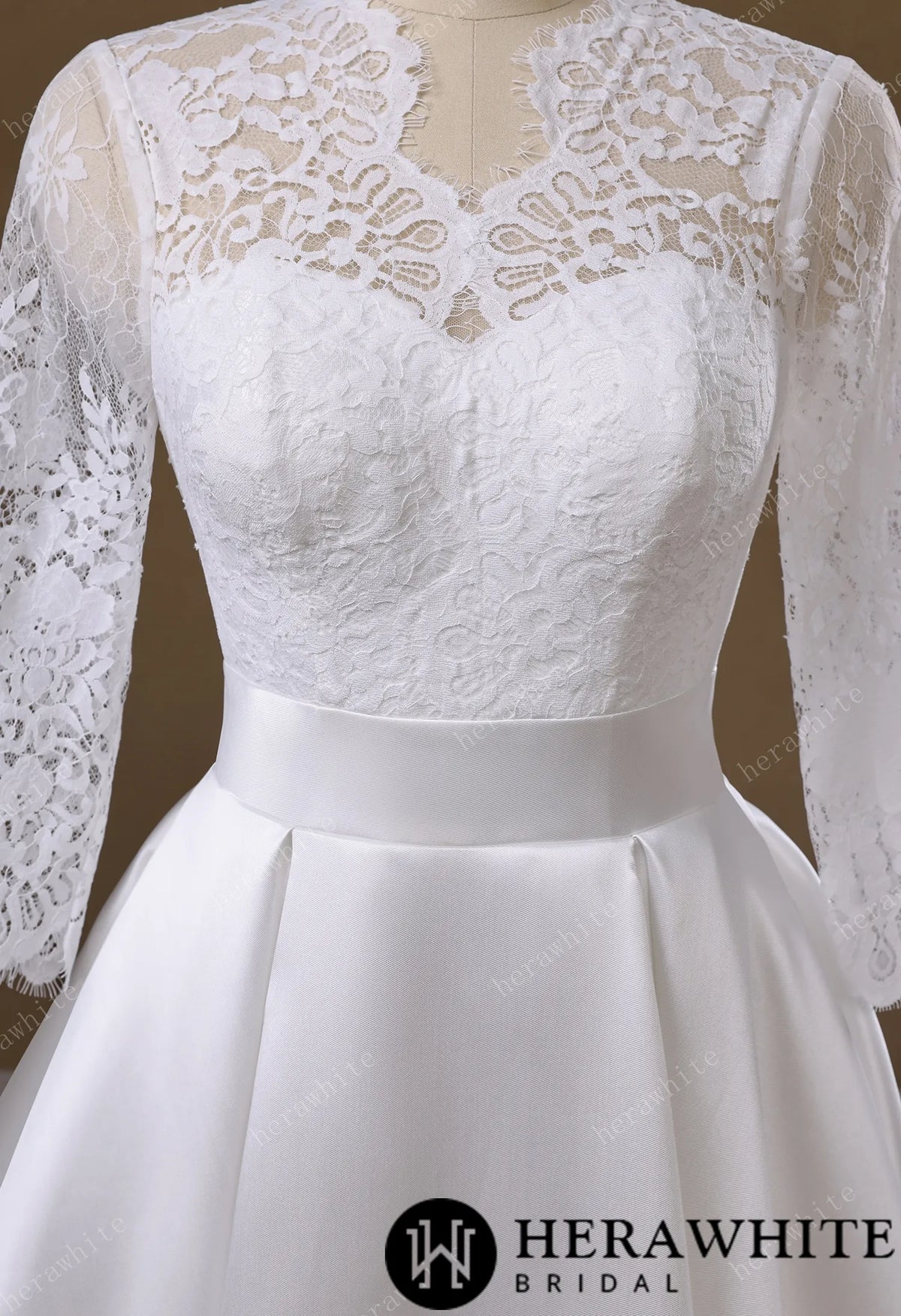 Lace & Satin Ball Gown With Illusion ¾-Length Sleeves HW3754