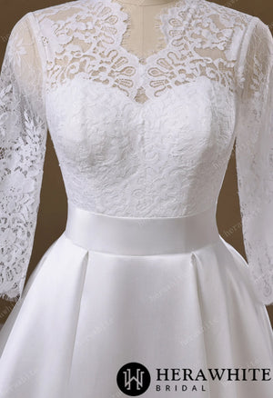 Lace & Satin Ball Gown With Illusion ¾-Length Sleeves HW3754