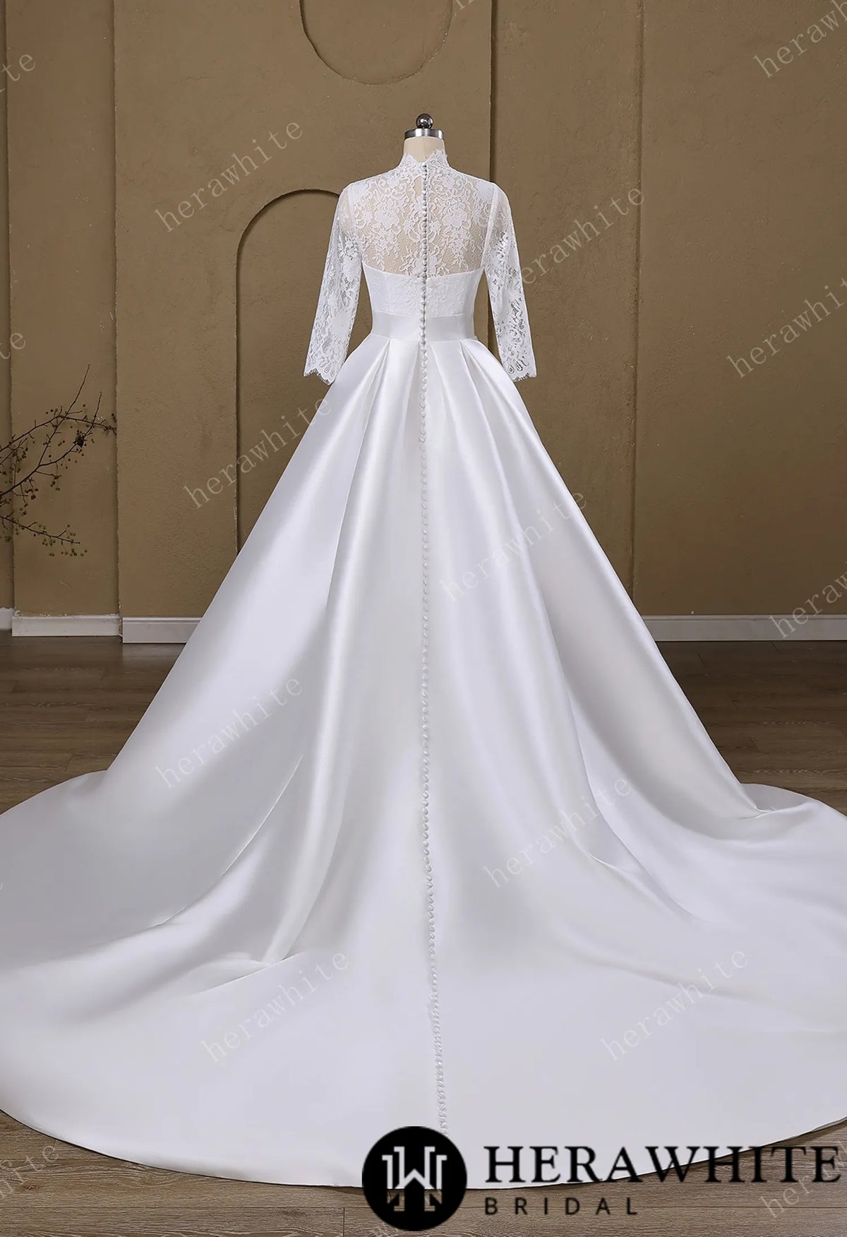 Lace & Satin Ball Gown With Illusion ¾-Length Sleeves HW3754