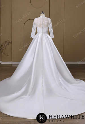 Lace & Satin Ball Gown With Illusion ¾-Length Sleeves HW3754