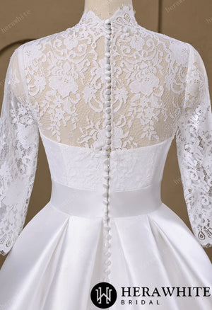 Lace & Satin Ball Gown With Illusion ¾-Length Sleeves HW3754