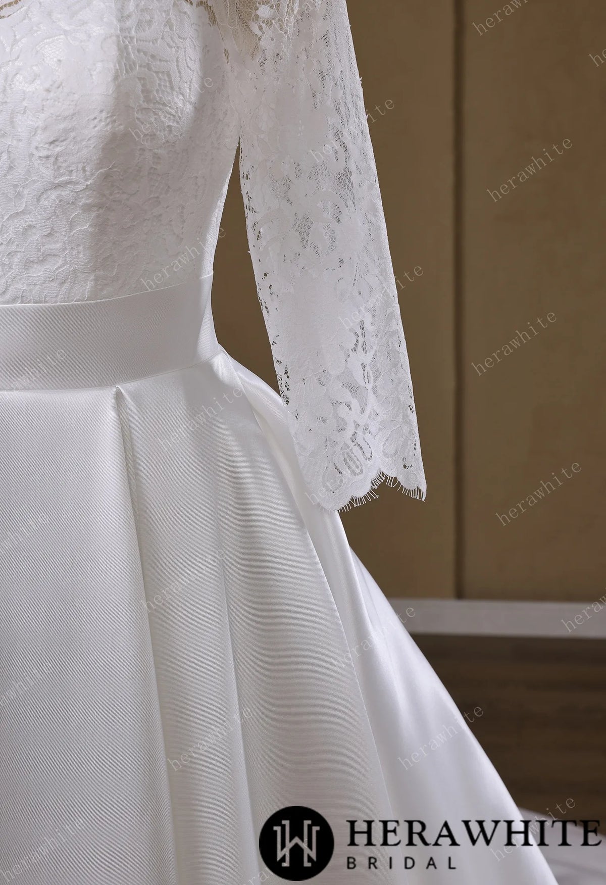 Lace & Satin Ball Gown With Illusion ¾-Length Sleeves HW3754