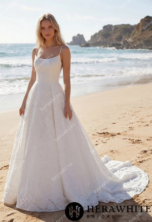 Exquisite Jacquard  Organza Spaghetti Strap A-Line Wedding Gown HW3759