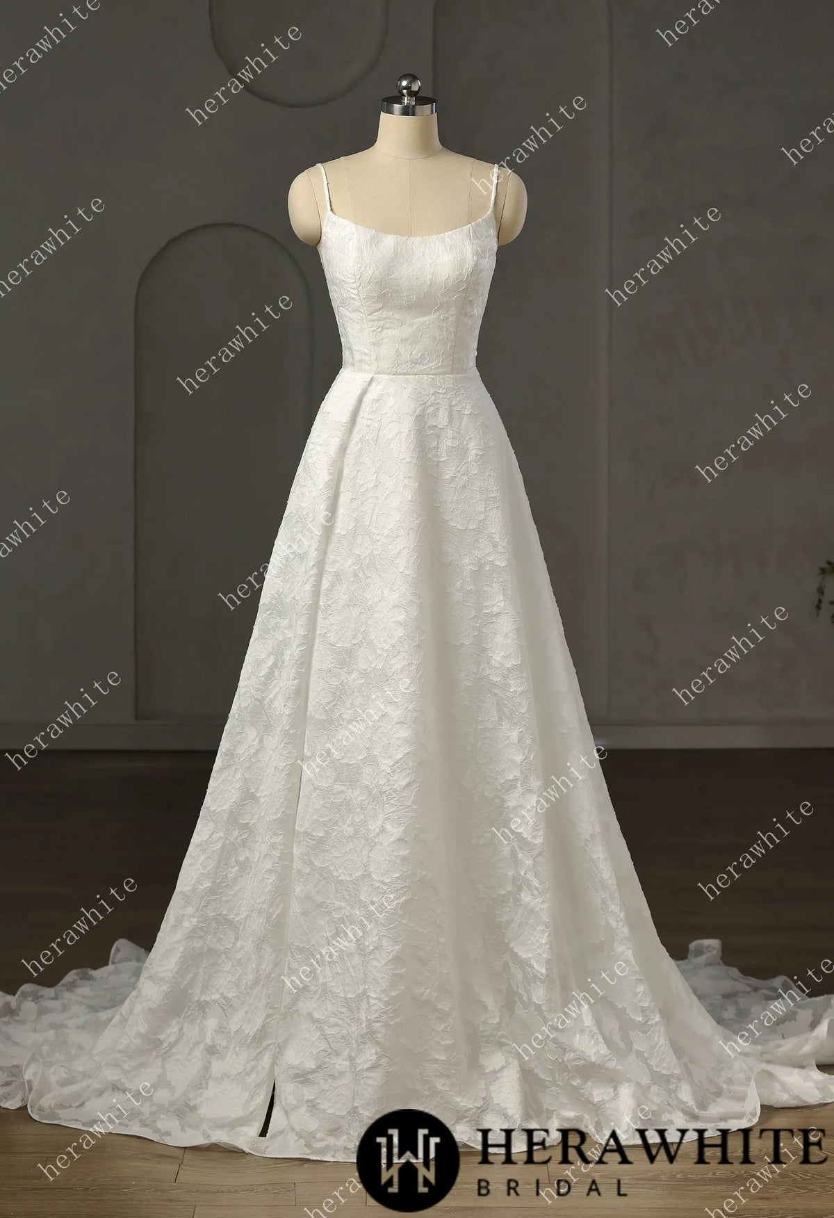 Exquisite Jacquard  Organza Spaghetti Strap A-Line Wedding Gown HW3759