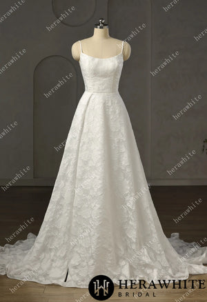 Exquisite Jacquard  Organza Spaghetti Strap A-Line Wedding Gown HW3759