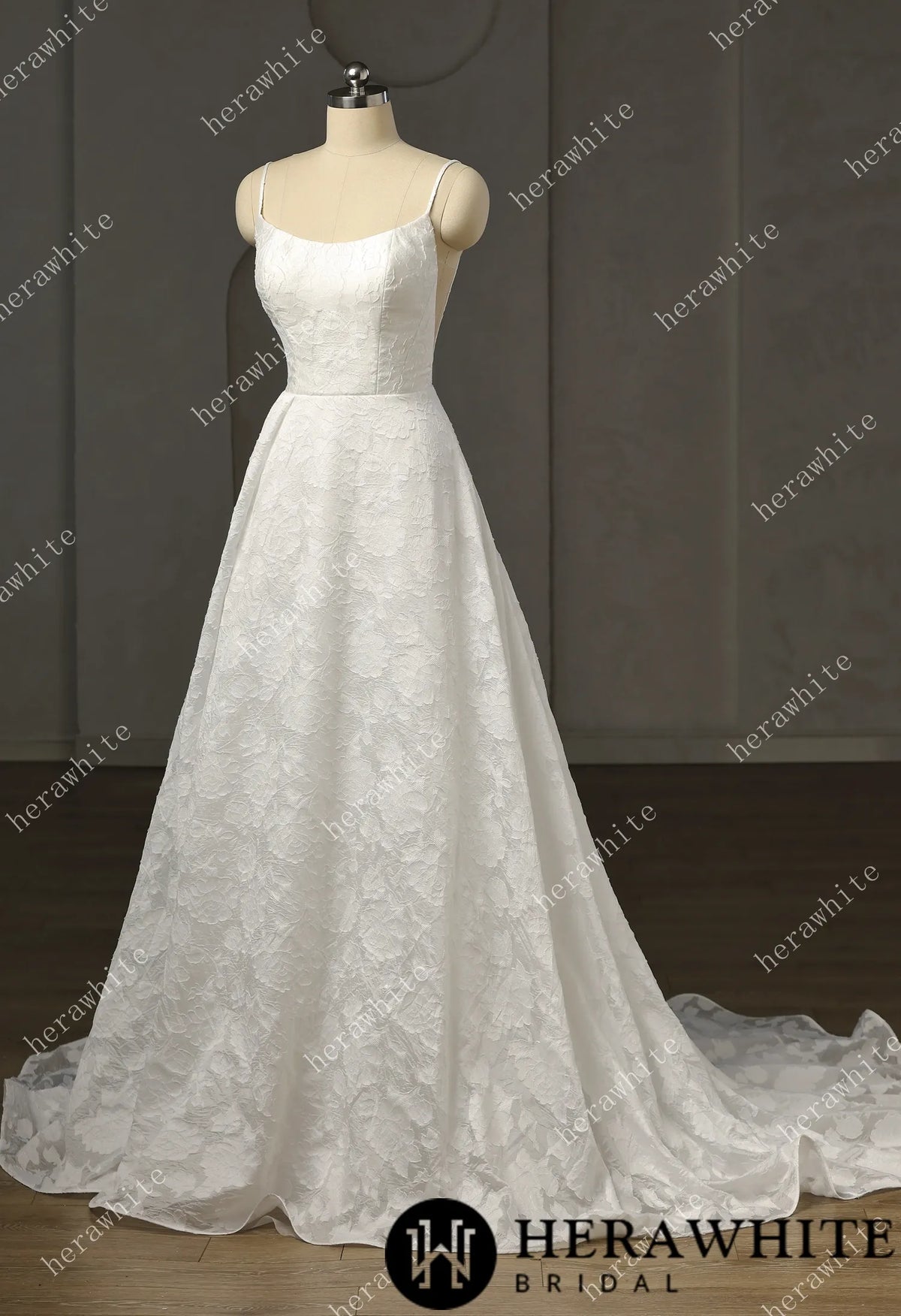 Exquisite Jacquard  Organza Spaghetti Strap A-Line Wedding Gown HW3759