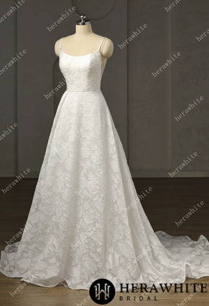 Exquisite Jacquard  Organza Spaghetti Strap A-Line Wedding Gown HW3759