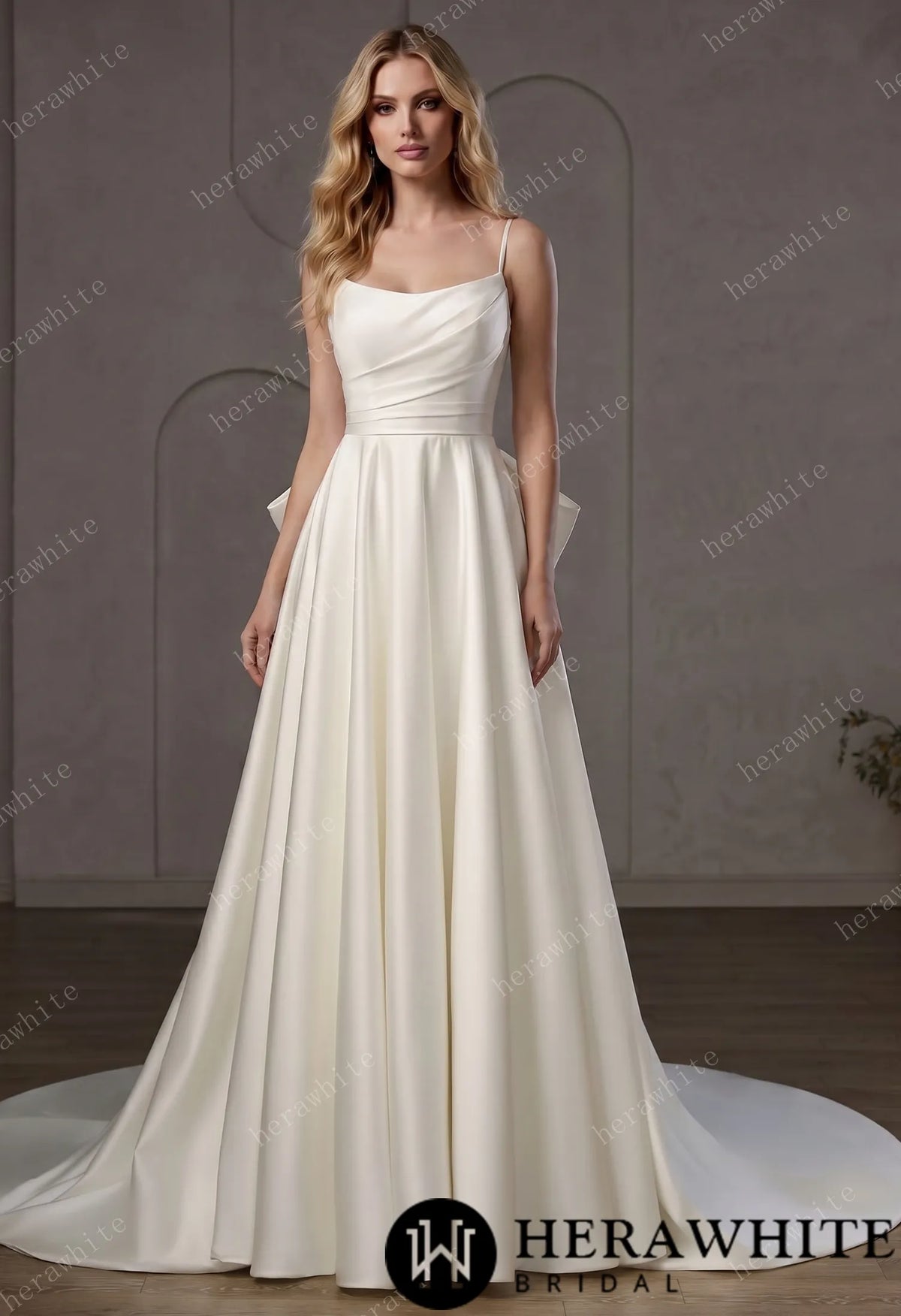 Minimalist Satin A-Line Wedding Gown With Oversized Back Bow & Spaghetti Straps HW3761