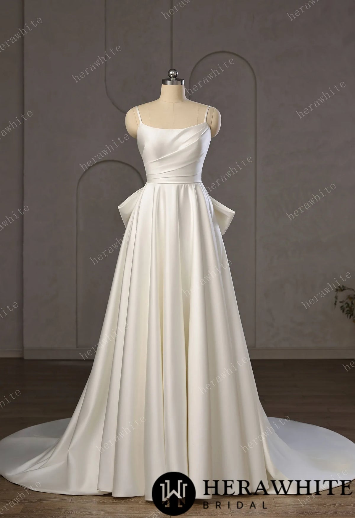 Minimalist Satin A-Line Wedding Gown With Oversized Back Bow & Spaghetti Straps HW3761