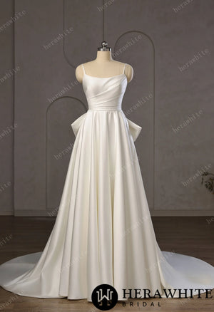 Minimalist Satin A-Line Wedding Gown With Oversized Back Bow & Spaghetti Straps HW3761
