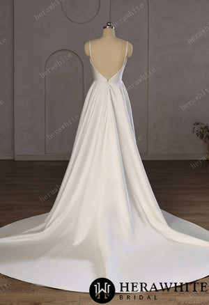 Minimalist Satin A-Line Wedding Gown With Oversized Back Bow & Spaghetti Straps HW3761