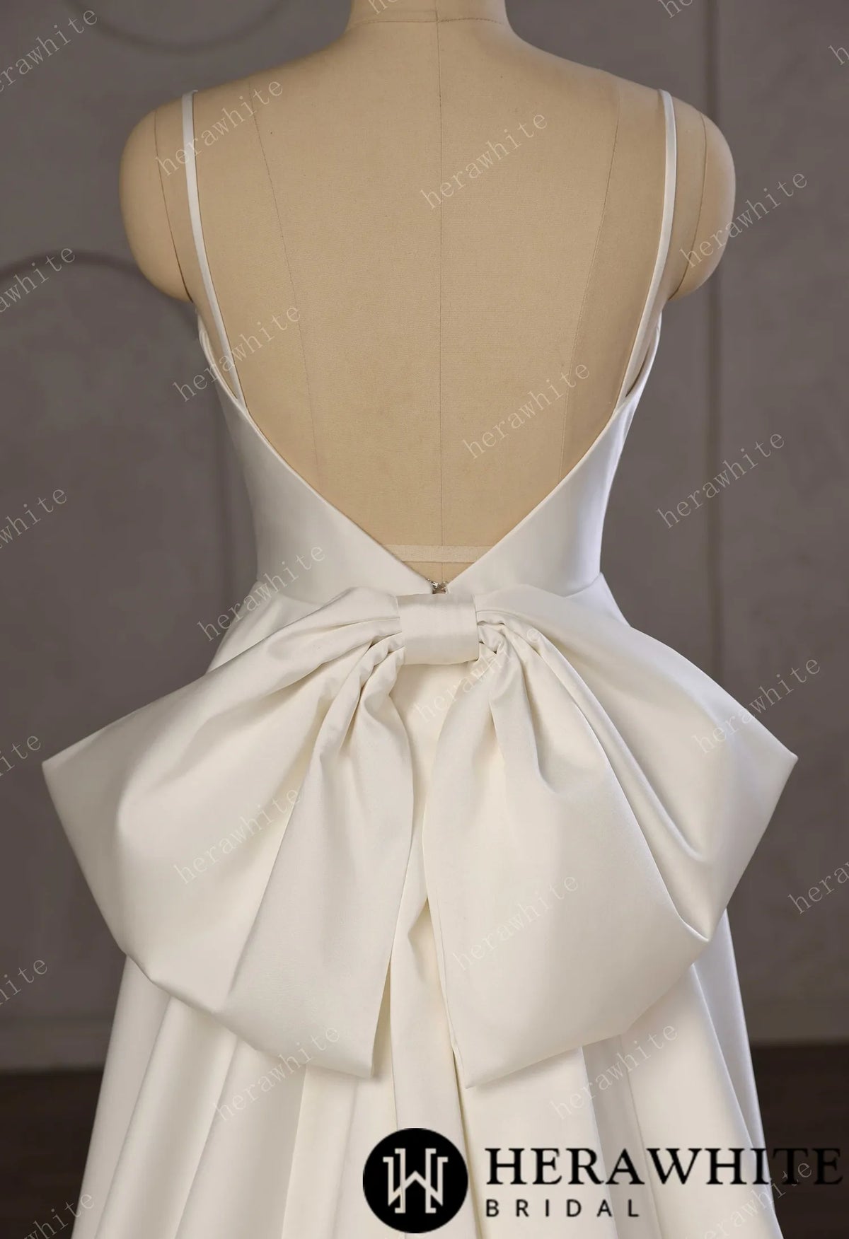Minimalist Satin A-Line Wedding Gown With Oversized Back Bow & Spaghetti Straps HW3761