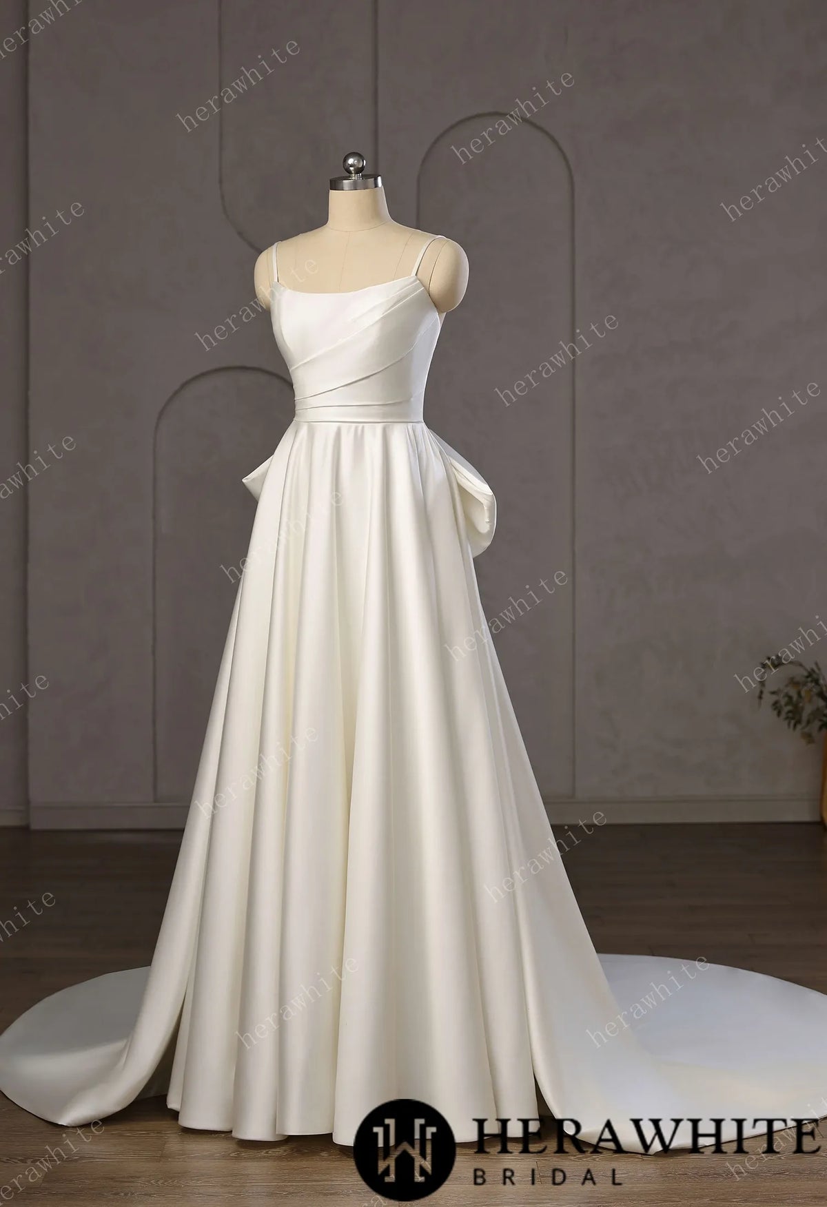 Minimalist Satin A-Line Wedding Gown With Oversized Back Bow & Spaghetti Straps HW3761