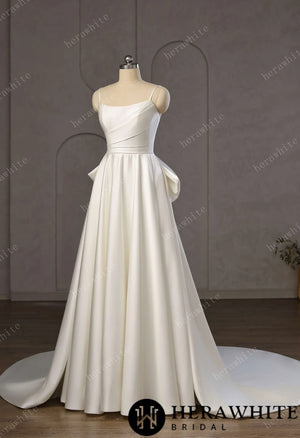 Minimalist Satin A-Line Wedding Gown With Oversized Back Bow & Spaghetti Straps HW3761