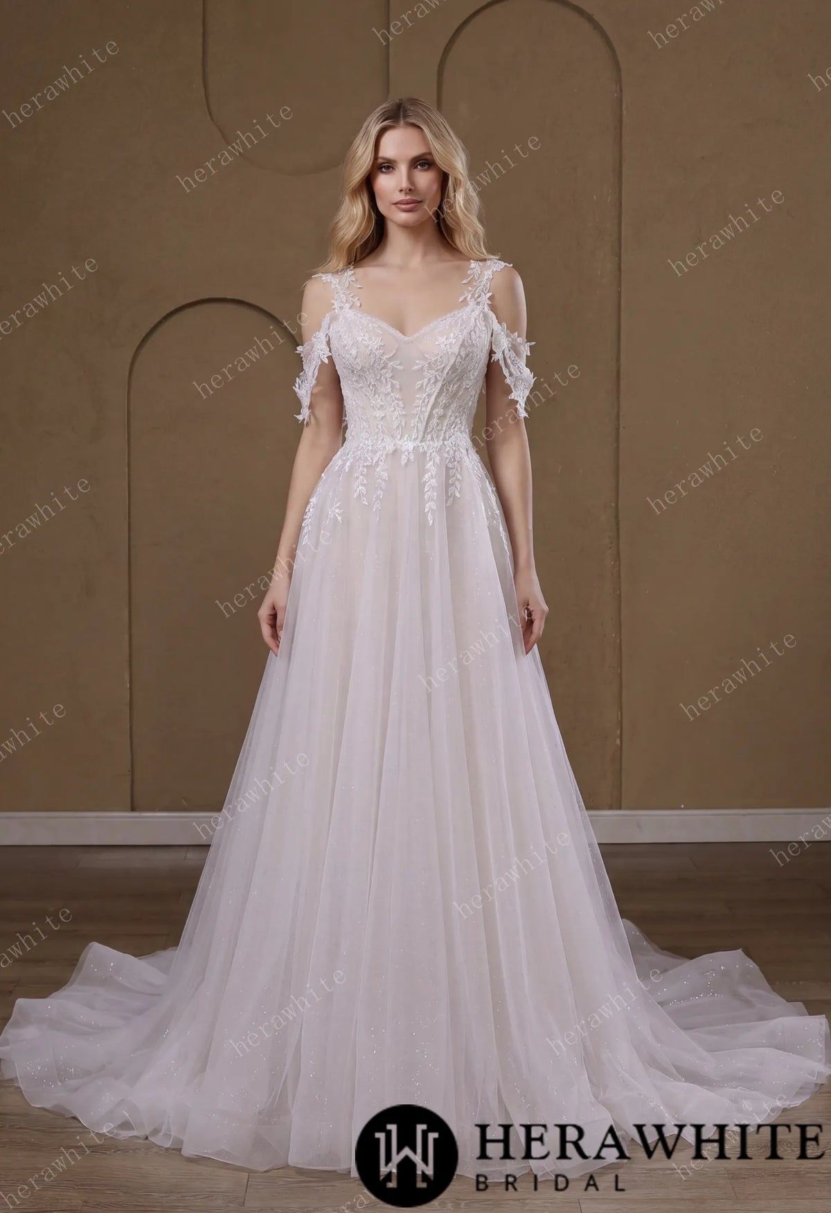Lace A-Line Wedding Gown With Detachable Off-Shoulder Sleeves & Glitter Tulle Skirt HW3772