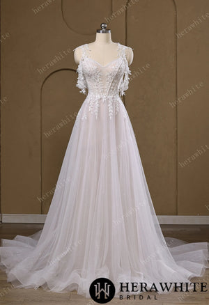 Lace A-Line Wedding Gown With Detachable Off-Shoulder Sleeves & Glitter Tulle Skirt HW3772