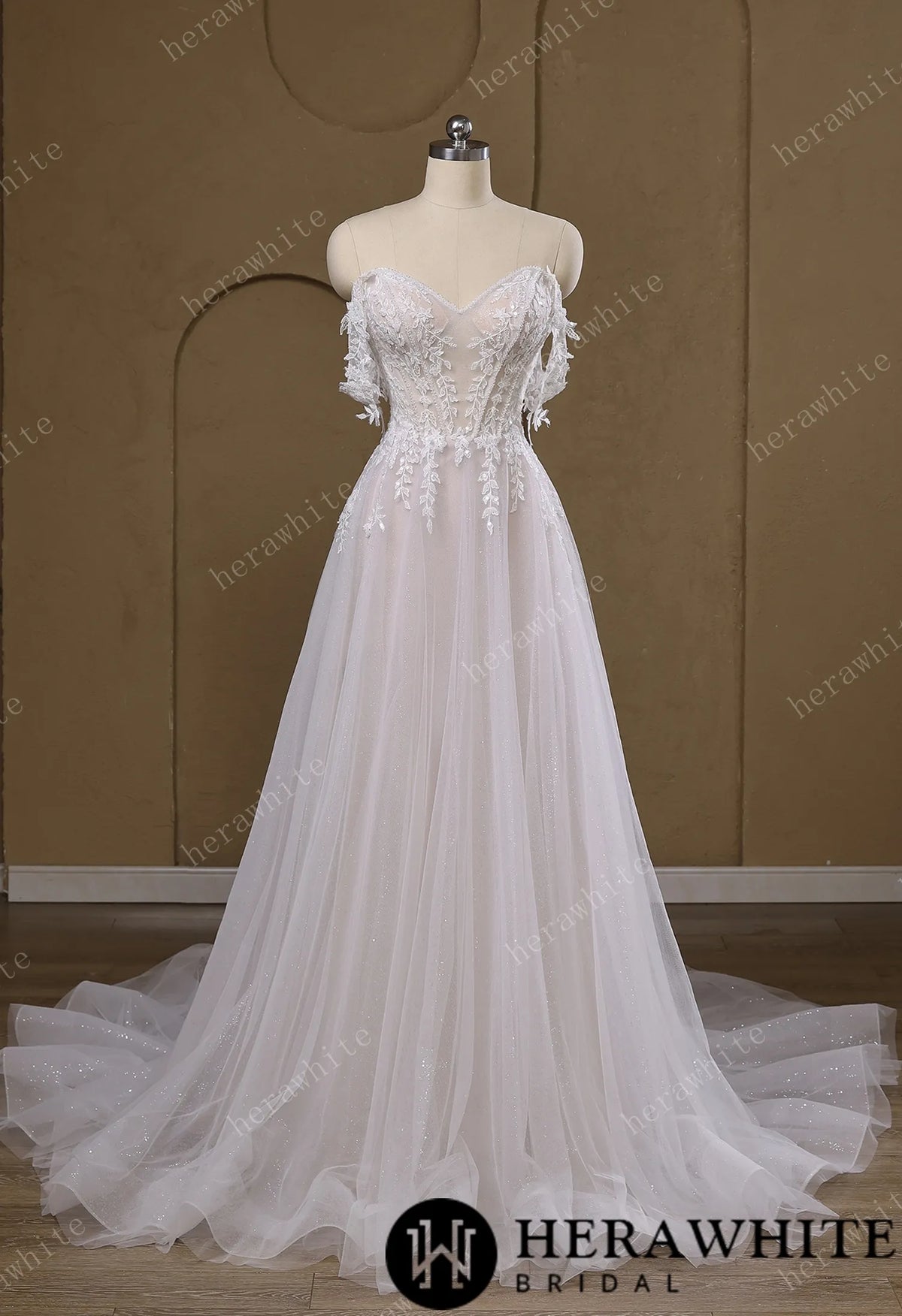 Lace A-Line Wedding Gown With Detachable Off-Shoulder Sleeves & Glitter Tulle Skirt HW3772
