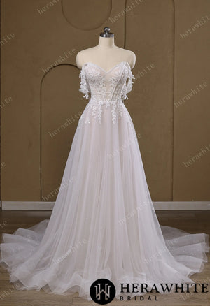 Lace A-Line Wedding Gown With Detachable Off-Shoulder Sleeves & Glitter Tulle Skirt HW3772