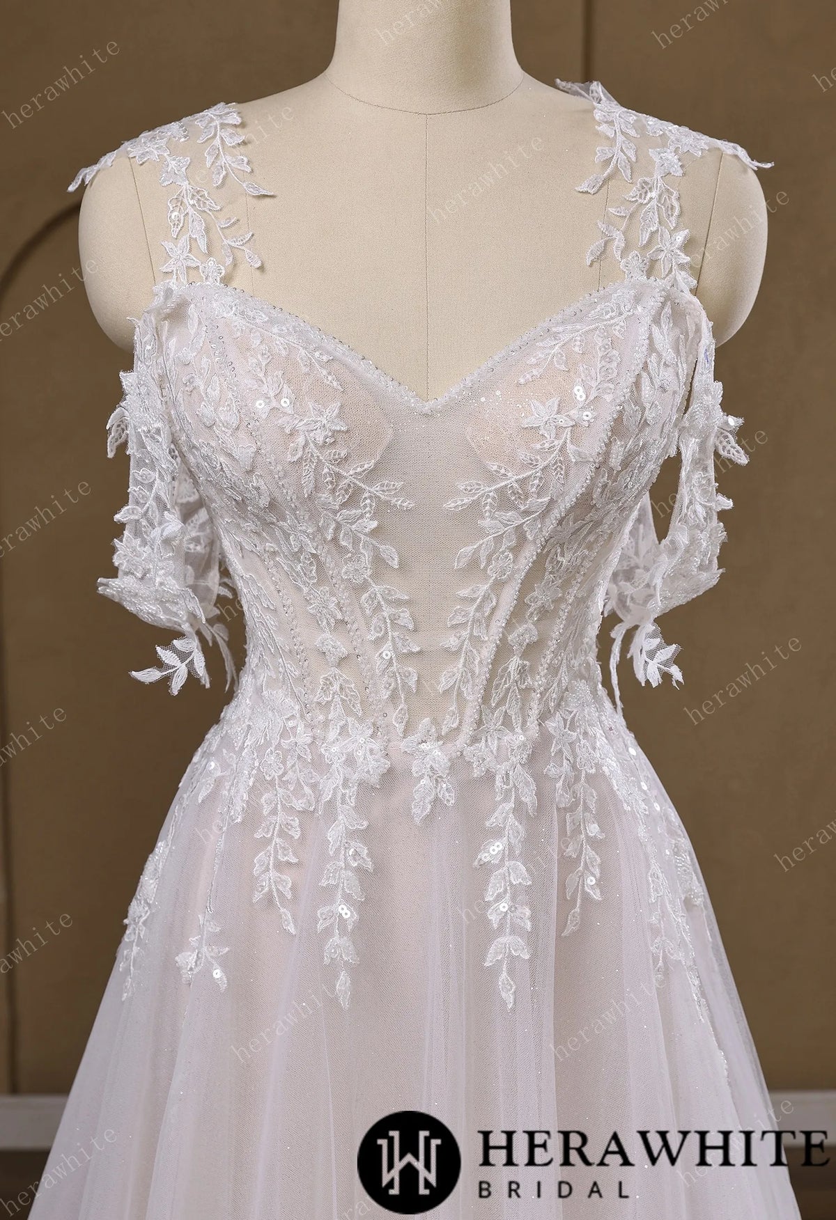 Lace A-Line Wedding Gown With Detachable Off-Shoulder Sleeves & Glitter Tulle Skirt HW3772