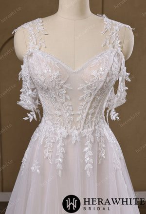 Lace A-Line Wedding Gown With Detachable Off-Shoulder Sleeves & Glitter Tulle Skirt HW3772