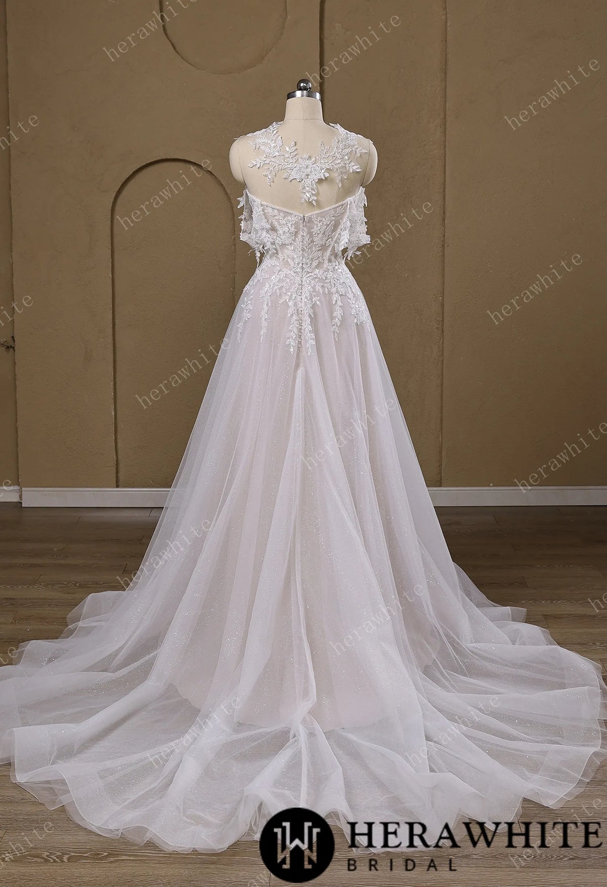 Lace A-Line Wedding Gown With Detachable Off-Shoulder Sleeves & Glitter Tulle Skirt HW3772