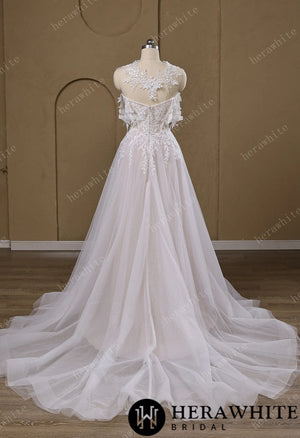 Lace A-Line Wedding Gown With Detachable Off-Shoulder Sleeves & Glitter Tulle Skirt HW3772