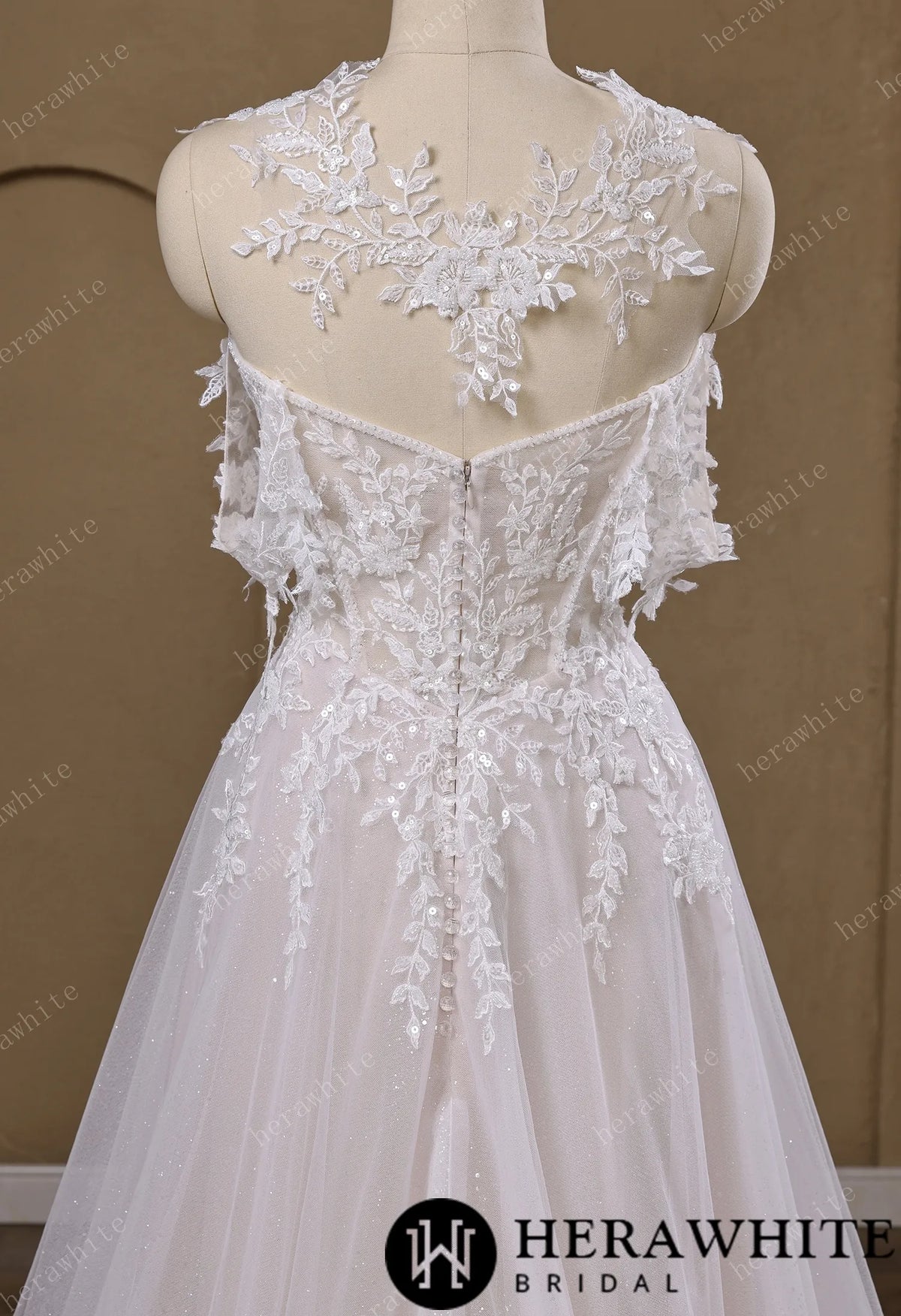 Lace A-Line Wedding Gown With Detachable Off-Shoulder Sleeves & Glitter Tulle Skirt HW3772