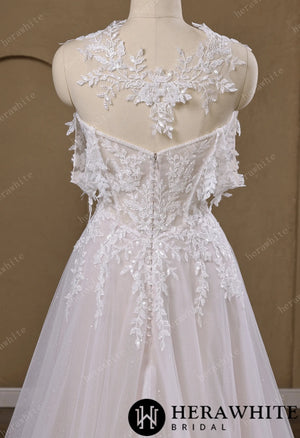 Lace A-Line Wedding Gown With Detachable Off-Shoulder Sleeves & Glitter Tulle Skirt HW3772