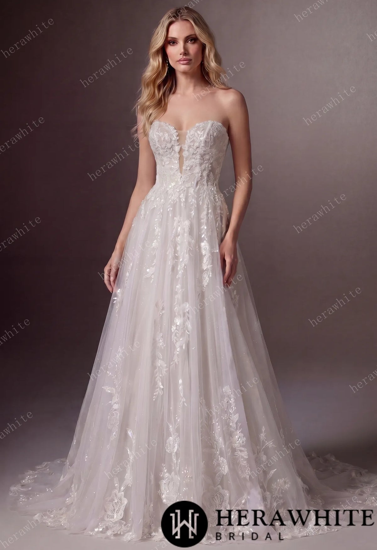 Floral Lace A-line Wedding Gown With Illusion Plunge Bodice & Strapless V-neck HW3773