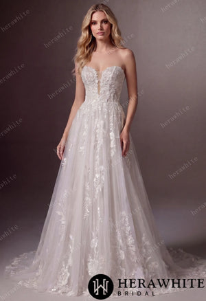 Floral Lace A-line Wedding Gown With Illusion Plunge Bodice & Strapless V-neck HW3773
