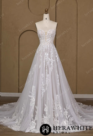 Floral Lace A-line Wedding Gown With Illusion Plunge Bodice & Strapless V-neck HW3773