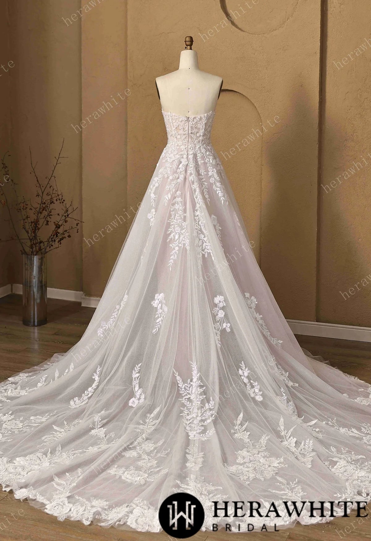 Floral Lace A-line Wedding Gown With Illusion Plunge Bodice & Strapless V-neck HW3773