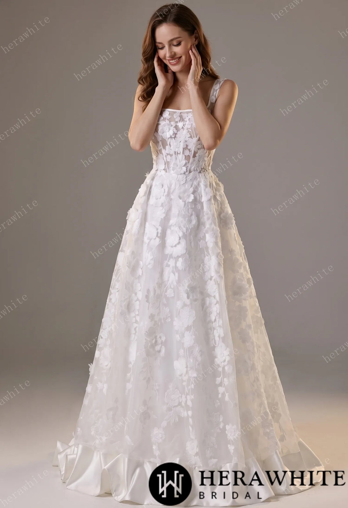 3D Floral Lace A-line Wedding Gown With Square Neckline & Satin Hem Trim HW3776