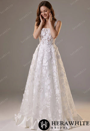 3D Floral Lace A-line Wedding Gown With Square Neckline & Satin Hem Trim HW3776