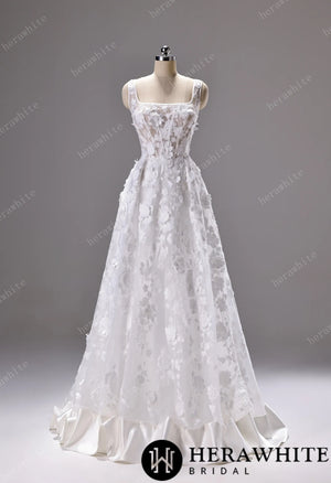 3D Floral Lace A-line Wedding Gown With Square Neckline & Satin Hem Trim HW3776