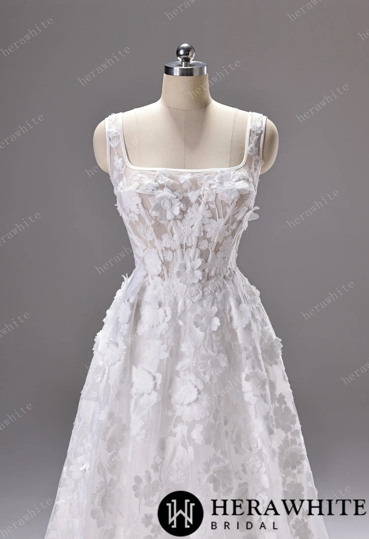 3D Floral Lace A-line Wedding Gown With Square Neckline & Satin Hem Trim HW3776