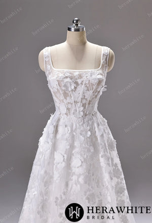 3D Floral Lace A-line Wedding Gown With Square Neckline & Satin Hem Trim HW3776