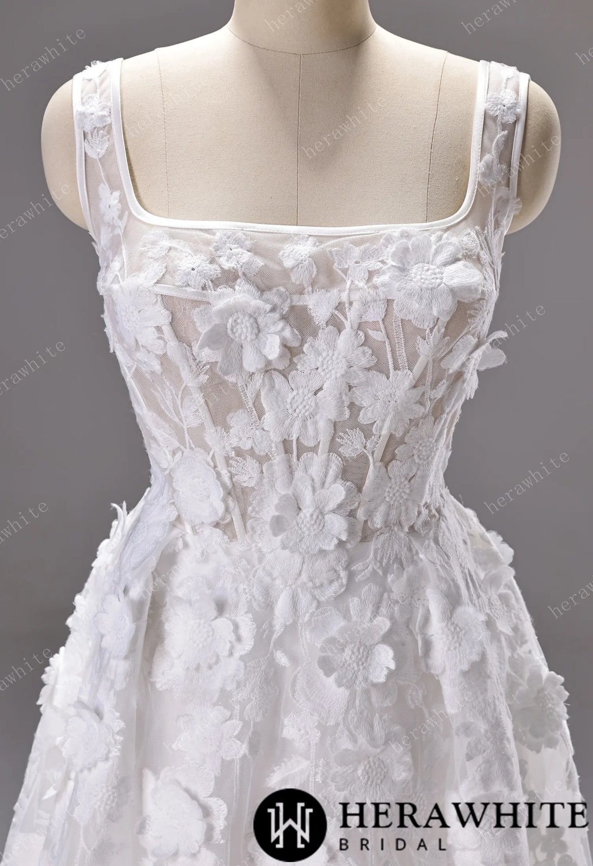 3D Floral Lace A-line Wedding Gown With Square Neckline & Satin Hem Trim HW3776