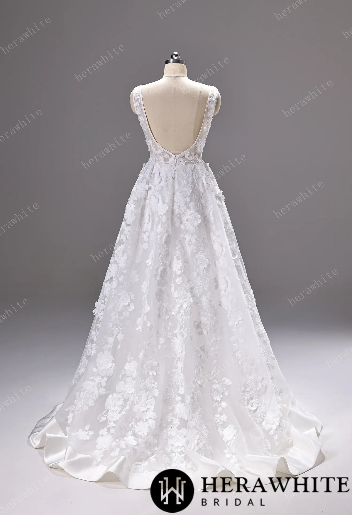 3D Floral Lace A-line Wedding Gown With Square Neckline & Satin Hem Trim HW3776