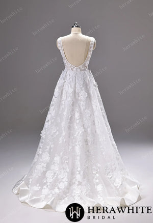 3D Floral Lace A-line Wedding Gown With Square Neckline & Satin Hem Trim HW3776