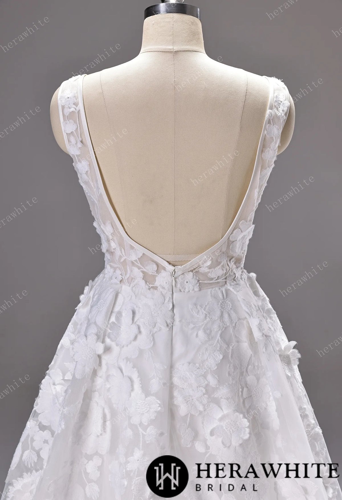 3D Floral Lace A-line Wedding Gown With Square Neckline & Satin Hem Trim HW3776