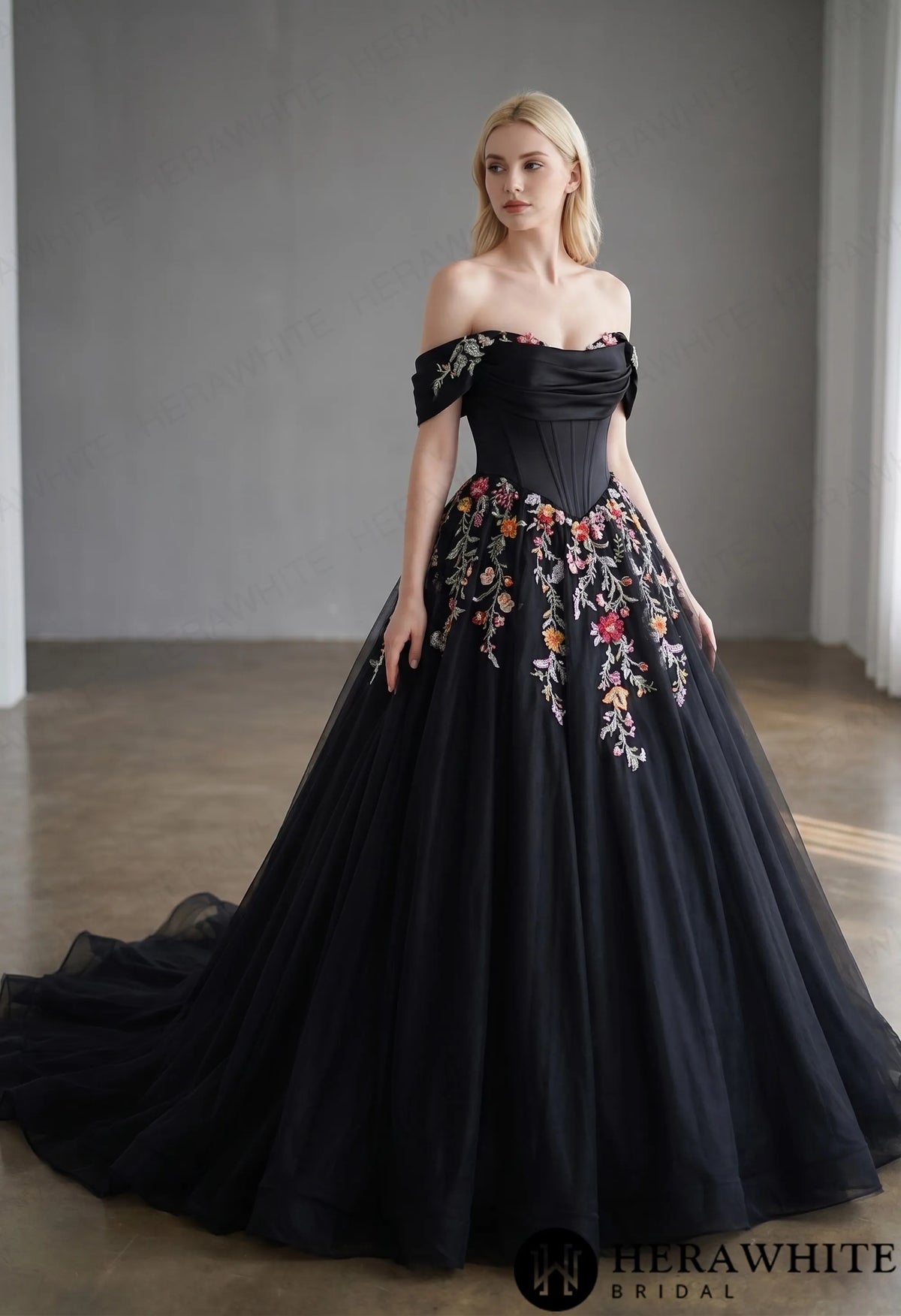 Off-the-Shoulder Satin Corset Ball Gown with Colorful Floral Embroidery HW3789