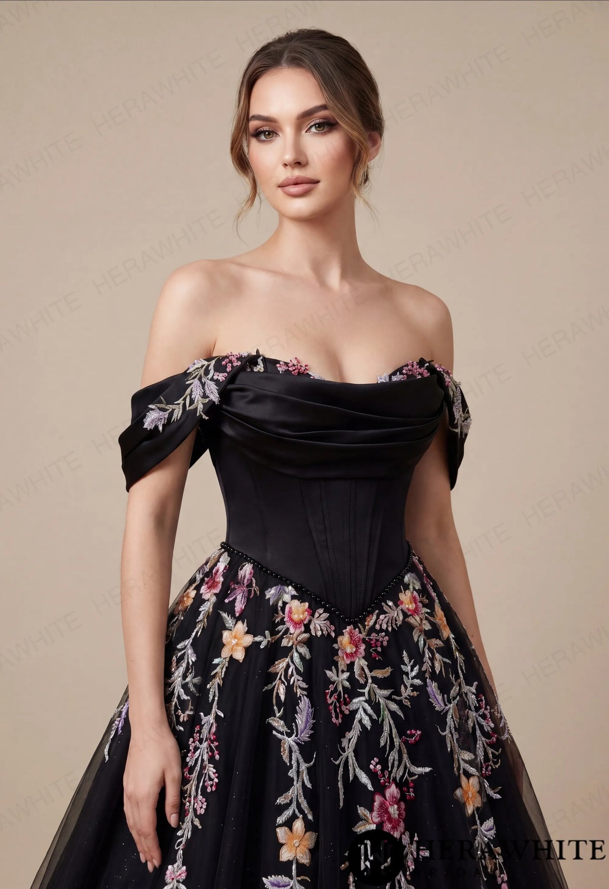 Off-the-Shoulder Satin Corset Ball Gown with Colorful Floral Embroidery HW3789