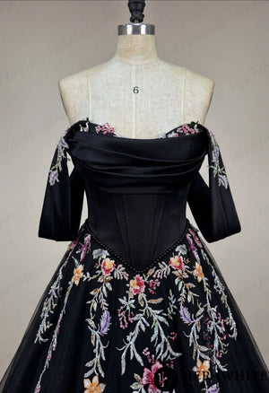 Off-the-Shoulder Satin Corset Ball Gown with Colorful Floral Embroidery HW3789