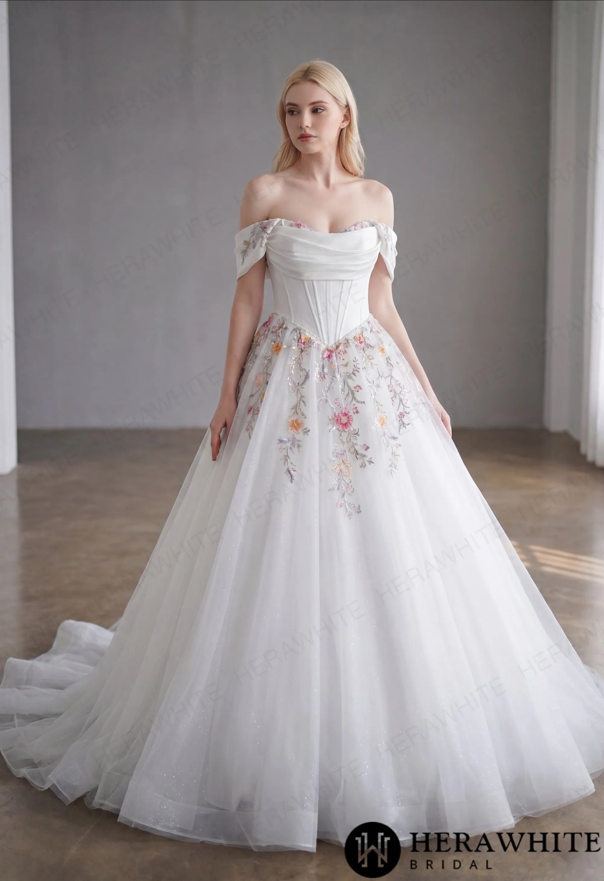 Off-the-Shoulder Satin Corset Ball Gown with Colorful Floral Embroidery HW3789