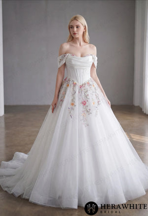 Off-the-Shoulder Satin Corset Ball Gown with Colorful Floral Embroidery HW3789