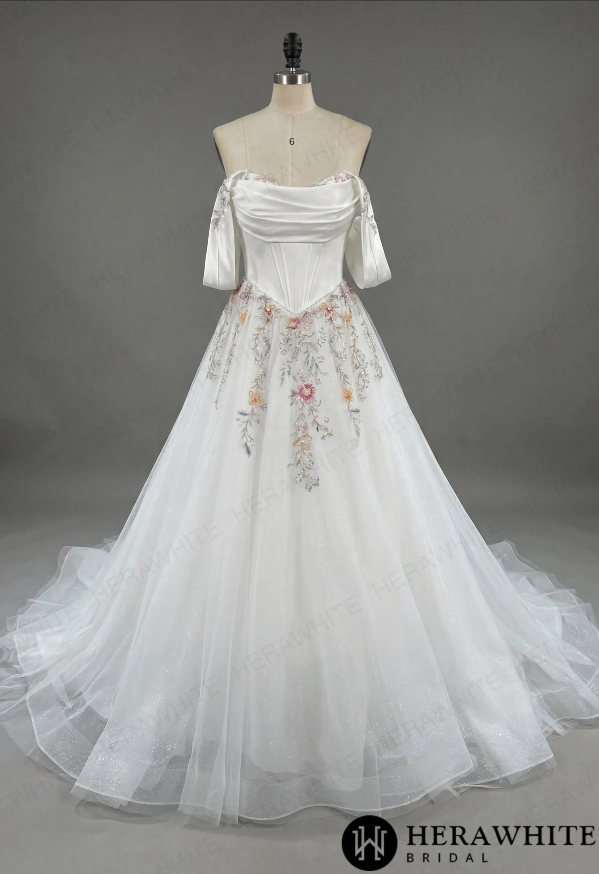 Off-the-Shoulder Satin Corset Ball Gown with Colorful Floral Embroidery HW3789
