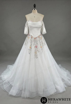 Off-the-Shoulder Satin Corset Ball Gown with Colorful Floral Embroidery HW3789
