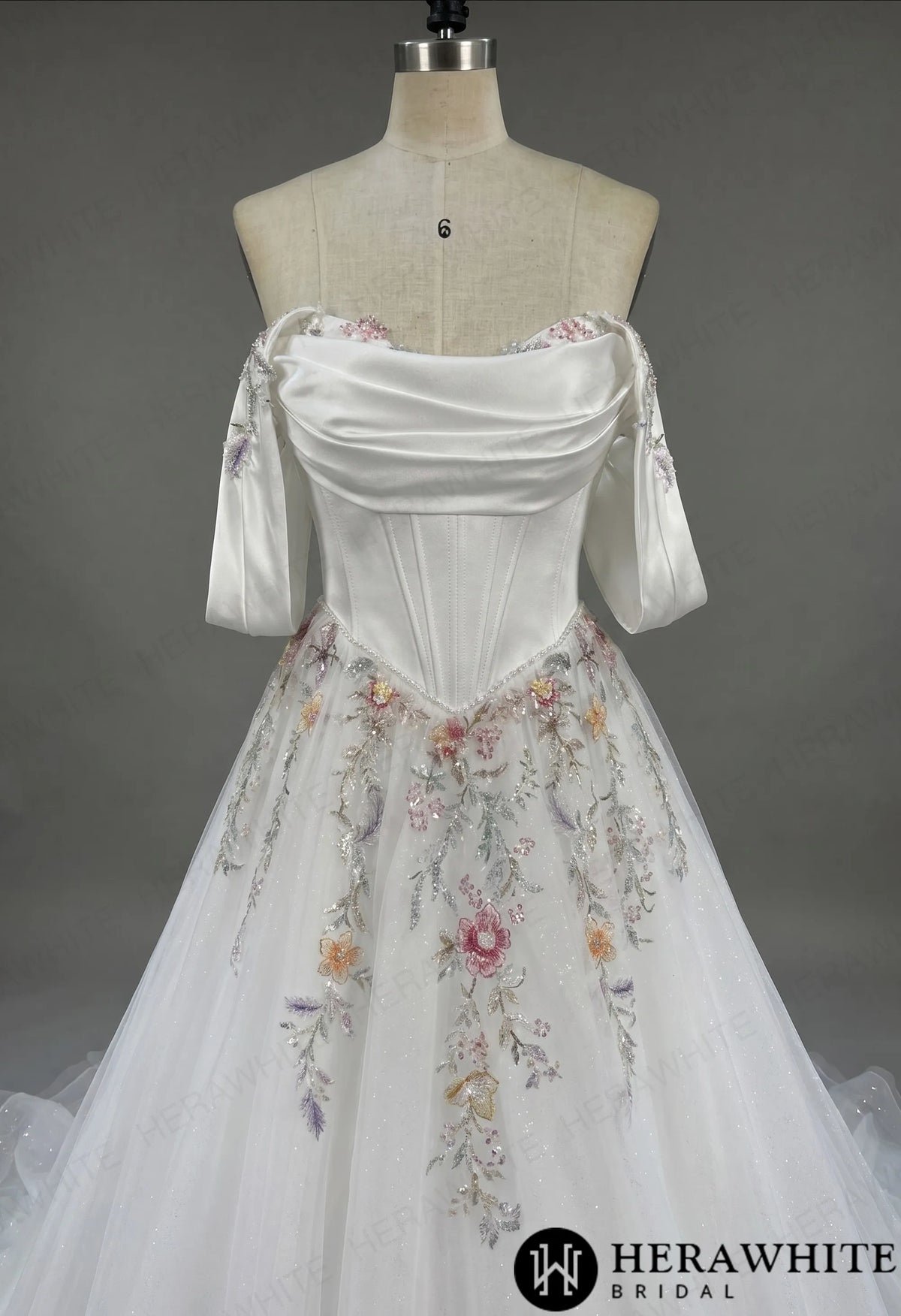 Off-the-Shoulder Satin Corset Ball Gown with Colorful Floral Embroidery HW3789